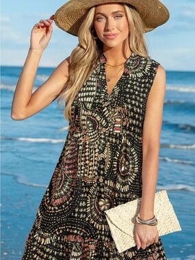 Cupshe Women's Black Patterned Sleeveless Button-Front Dress NWT